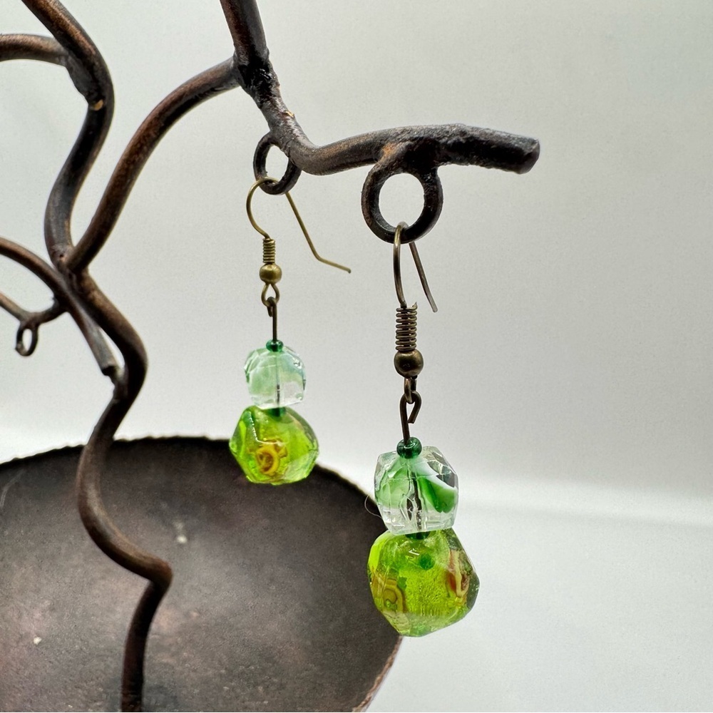 Green Glass Dangle Earrings | Artisan Boho Vintage Style | Faceted Beads